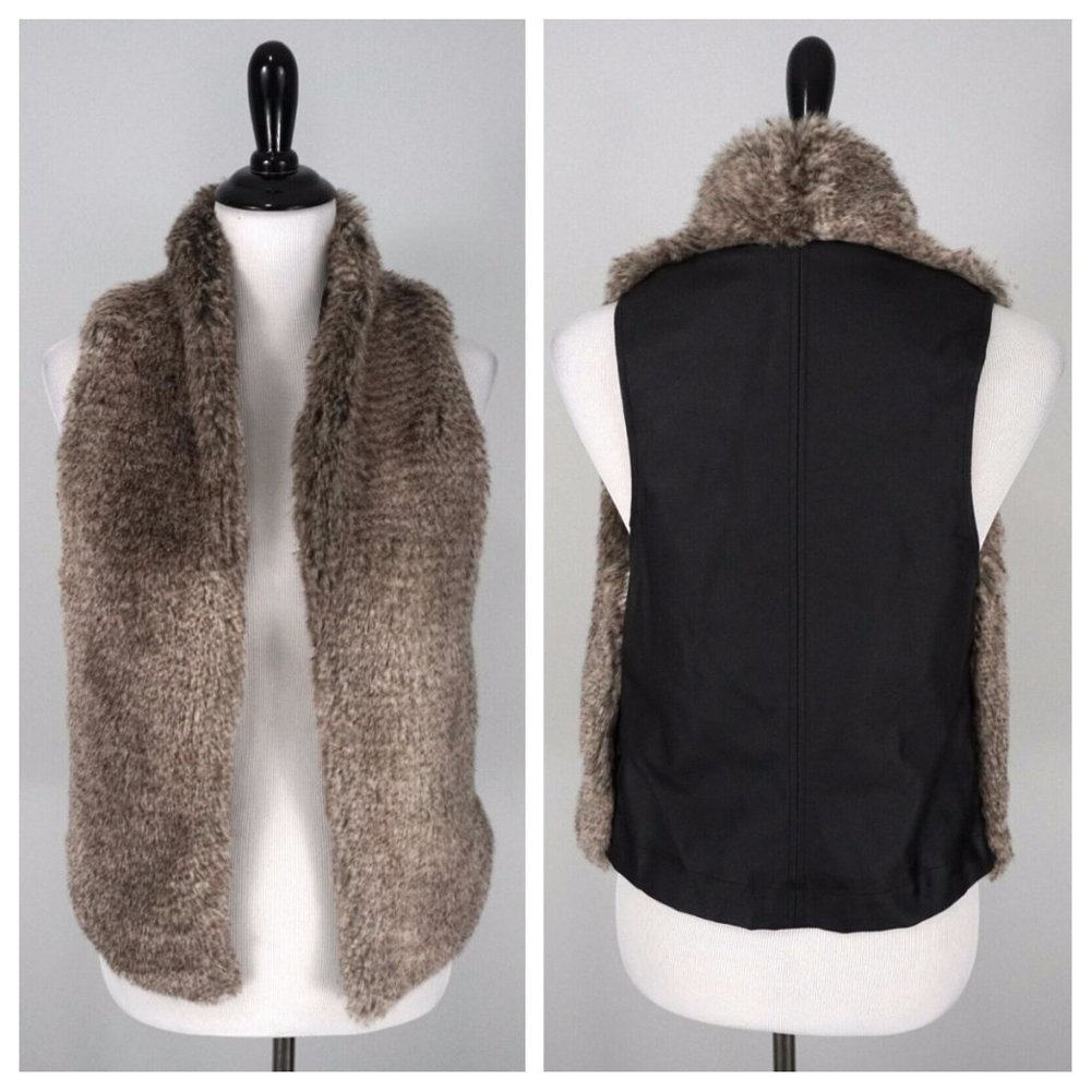 Tart Collections Tan Brown Fur Faux Black Leather Back Open Front Vest Size XS